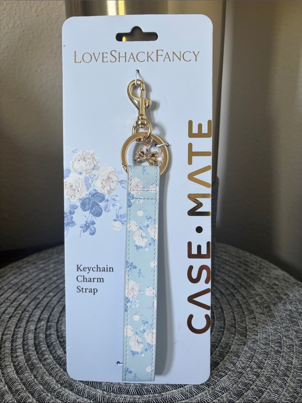 NWT Love Shack Fancy Casemate Everblooming Rosettes Keychain Strap Whisper Blue